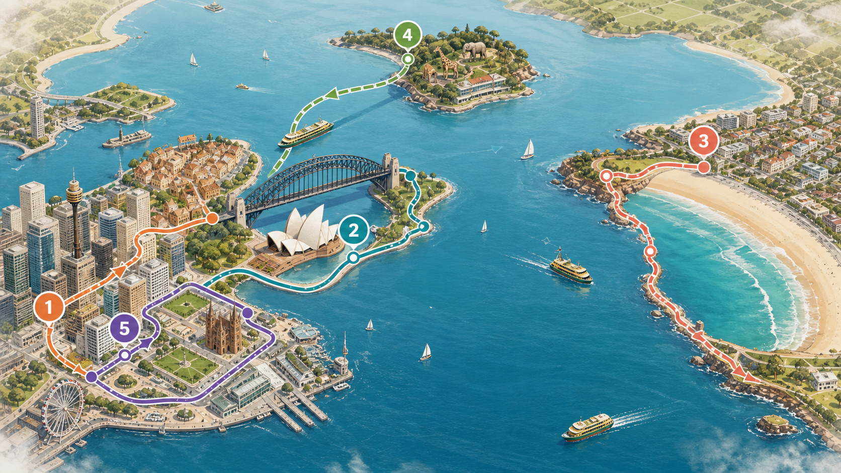 悉尼 5 天路线生成地图，包含达令港、歌剧院、海港大桥、Taronga 和 Bondi